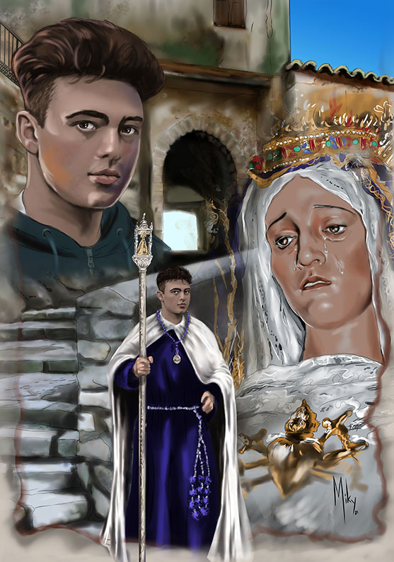 Detalle 1 Retrato de un nazareno con el paso de Semana Santa de la Virgen de la Soledad del Puente, al fondo está situado la Puerta de San Juan de Cuenca