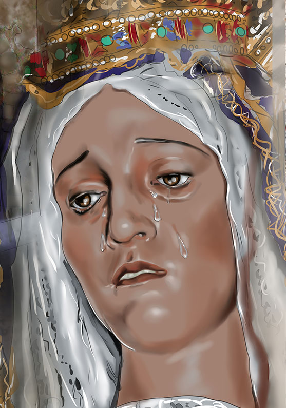 Detalle 2 Retrato de un nazareno con el paso de Semana Santa de la Virgen de la Soledad del Puente, al fondo está situado la Puerta de San Juan de Cuenca