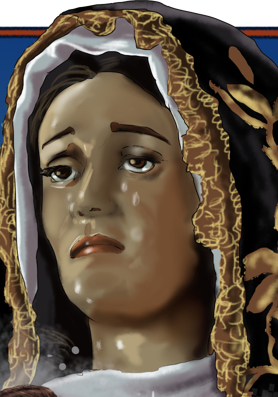 Detalle 4 Nazarenos de la hermandad de Semana Santa de Cuenca. Al fondo la Virgen de la Soledad del Puente y la Soledad de San Agustín
