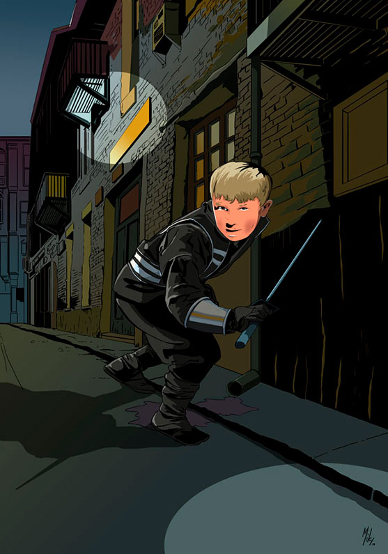 Detalle 1 Dibujo a color de un joven ninja recorriendo las nocturnas calles del norte de inglaterra