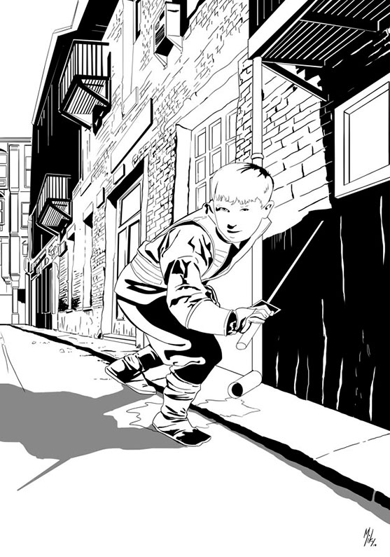 Detalle 2 Dibujo a color de un joven ninja recorriendo las nocturnas calles del norte de inglaterra