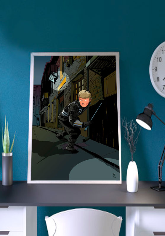 Dibujo a color de un joven ninja recorriendo las nocturnas calles del norte de inglaterra