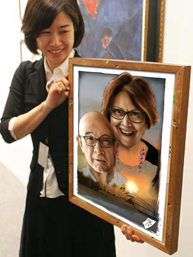 Detalle 4 Retrato de una pareja de Australianos y de fondo la Opera House de Sydney, Australia