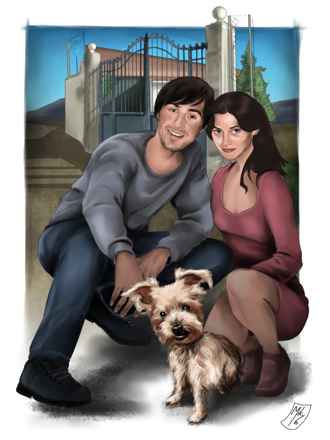 Detalle 1 Retrato personalizado de una pareja con su mascota hecho a medida.