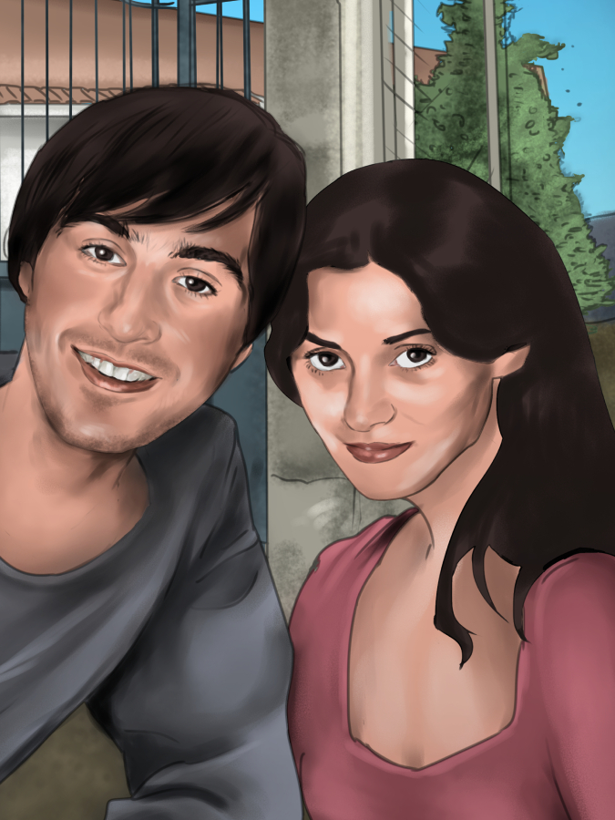 Detalle 2 Retrato personalizado de una pareja con su mascota hecho a medida.