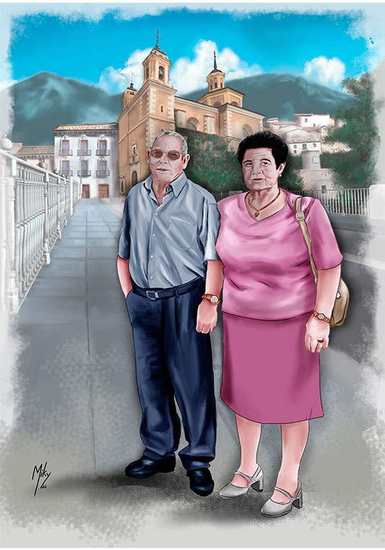 Detalle 1 Ilustración de una pareja en el barrio de San Antón de Cuenca. Al fondo la Iglesia de la Virgen de la Luz