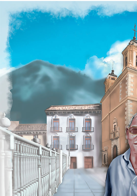 Detalle 3 Ilustración de una pareja en el barrio de San Antón de Cuenca. Al fondo la Iglesia de la Virgen de la Luz