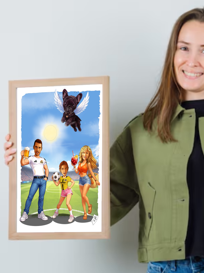 Detalle 4 Divertido dibujo personalizado de una familia futbolera unido por su pasión por el fútbol. Una ilustración original y llena de detalles simpáticos, perfecta para regalar y recordar momentos especiales en familia. Ideal como regalo personalizado para amantes del deporte y del buen humor.