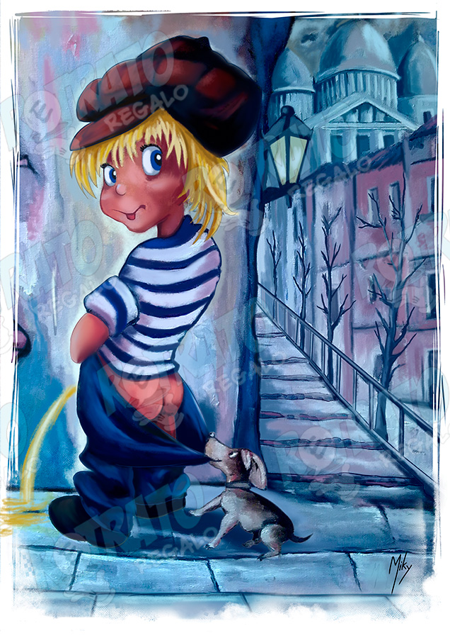 Detalle 1 Ilustración de una escena donde un chico está meando en una calle de París