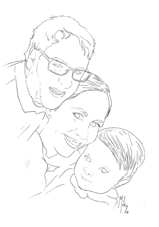 Detalle 1 Retrato familiar ideal para el hogar. Dibujo realizado con tinta y pastel sobre papel