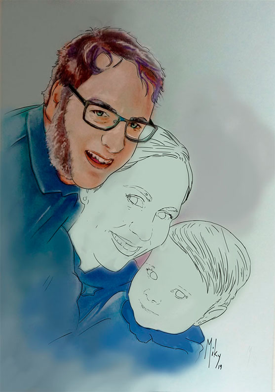 Detalle 2 Retrato familiar ideal para el hogar. Dibujo realizado con tinta y pastel sobre papel