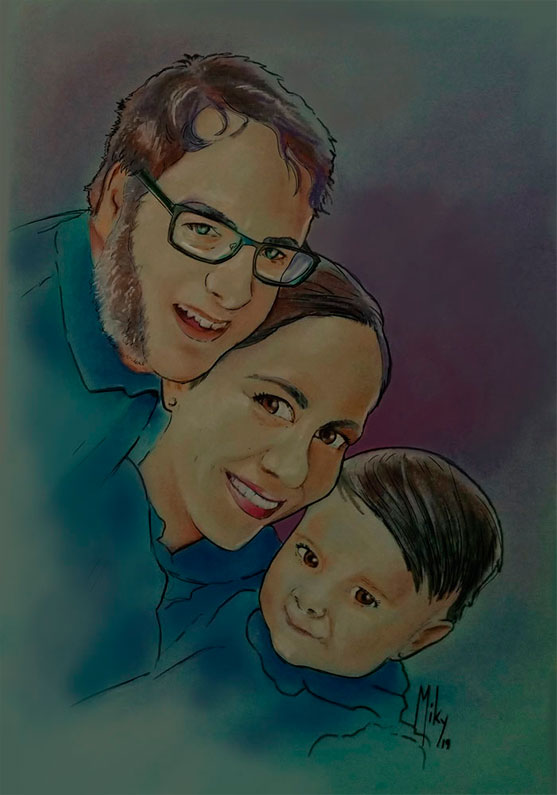 Detalle 3 Retrato familiar ideal para el hogar. Dibujo realizado con tinta y pastel sobre papel