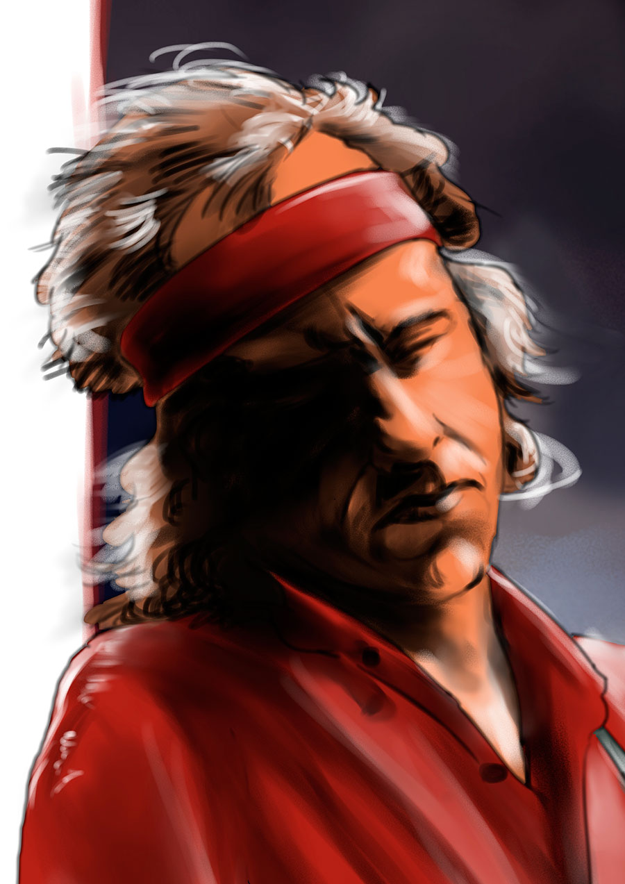 Detalle 2 Retrato de Mark Freuder Knopfler, un cantante, guitarrista, productor, cantante y compositor británico. Lider del grupo Dire Straits