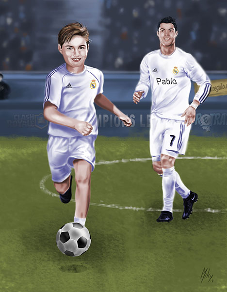 Detalle 1 Retrato de Pablo jugando al futbol en el campo Santiago Bernabeu con su ídolo Cristiano Ronaldo. Realizado a lapiz y coloreado digitalmente