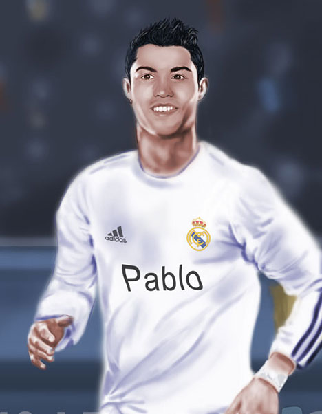 Detalle 3 Retrato de Pablo jugando al futbol en el campo Santiago Bernabeu con su ídolo Cristiano Ronaldo. Realizado a lapiz y coloreado digitalmente
