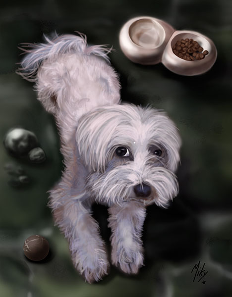 Detalle 1 Ilustración de la perra de raza Bichón Maltes posando junto con su cuenco de comida. Sobre foam 42xm x 30cm