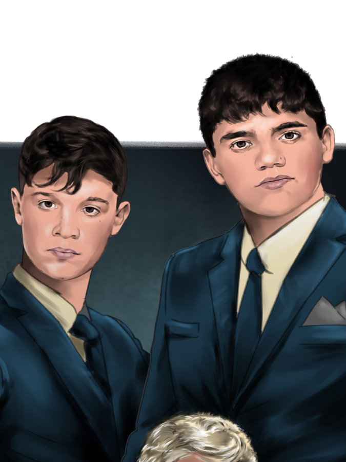 Detalle 3 Retrato familiar caracterizado como la mafia italiana, inspirado en la icónica película El Padrino.