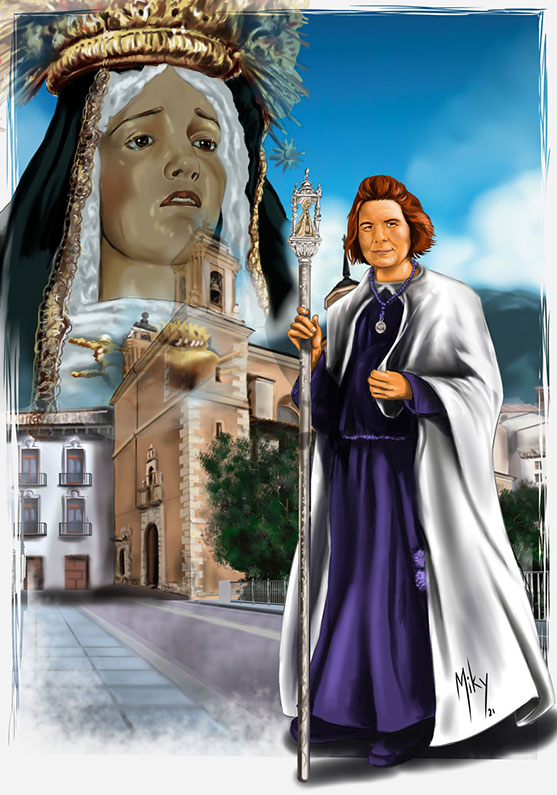 Detalle 1 Retrato de una hermana mayor de la procesión de la Soledad del Puente de Cuenca y de fondo la iglesia de San Antón