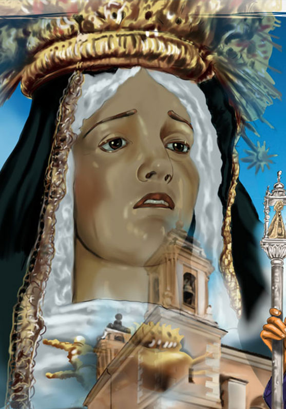 Detalle 2 Retrato de una hermana mayor de la procesión de la Soledad del Puente de Cuenca y de fondo la iglesia de San Antón
