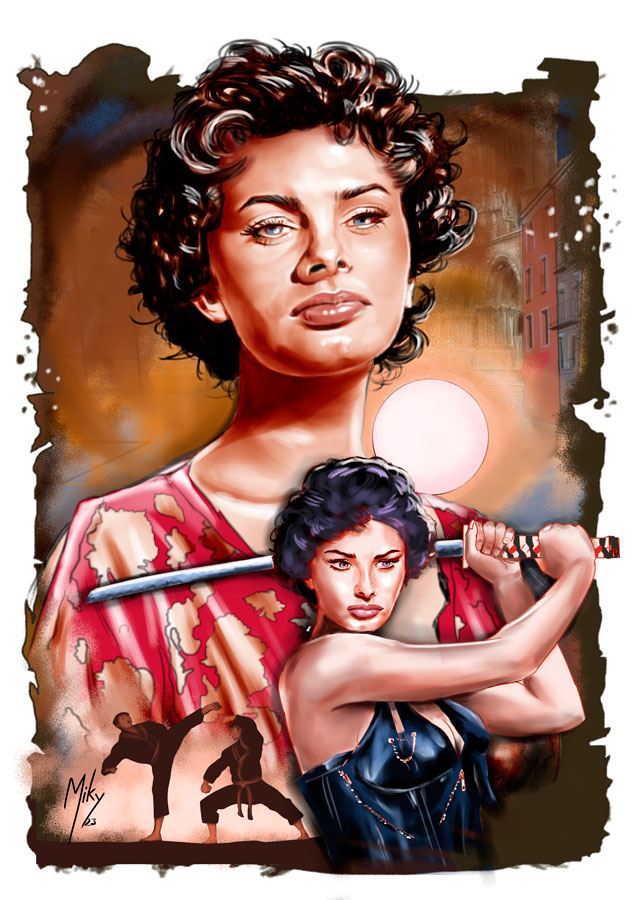 Detalle 3 Cartel de una película ficticia de Sofia Loren, karate a muerte en Arenas. Saga Peliculas Imposibles