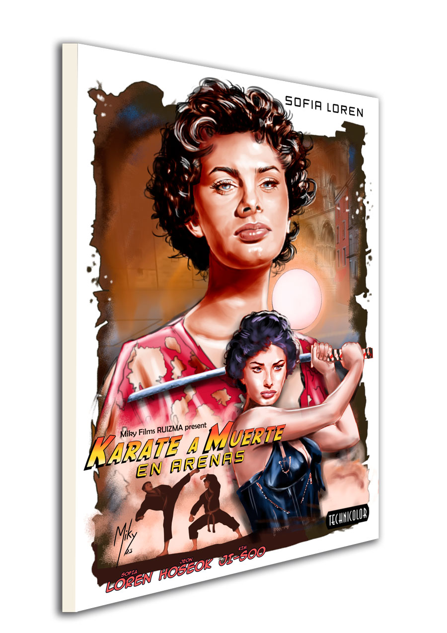 Cartel de una película ficticia de Sofia Loren, karate a muerte en Arenas. Saga Peliculas Imposibles