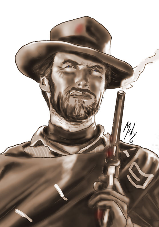 Detalle 1 Dibujo de la protagonista de los spagetti western de Sergio Leone, Clint Eastwood el hombre sin nombre