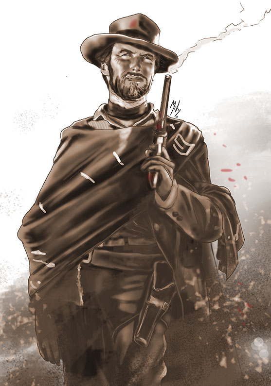 Detalle 2 Dibujo de la protagonista de los spagetti western de Sergio Leone, Clint Eastwood el hombre sin nombre