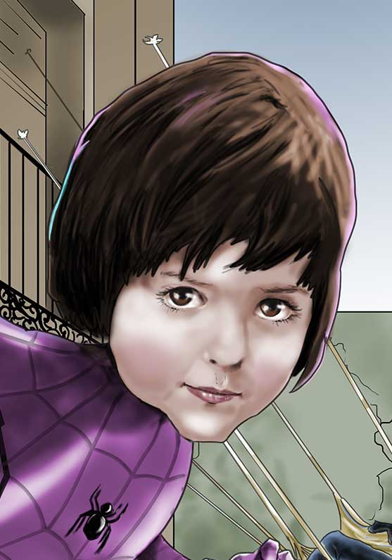 Detalle 2 Dibujo de un niña convertida en Spider Girl.