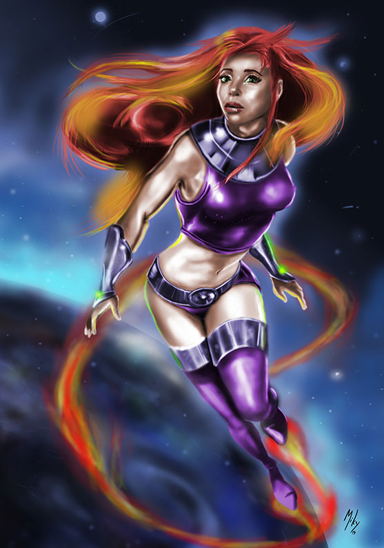 Detalle 1 Ilustración del personaje del cómic de la casa DC, Starfire. Caracterizada con el rostro de la actriz Anna Diop de la serie Titans