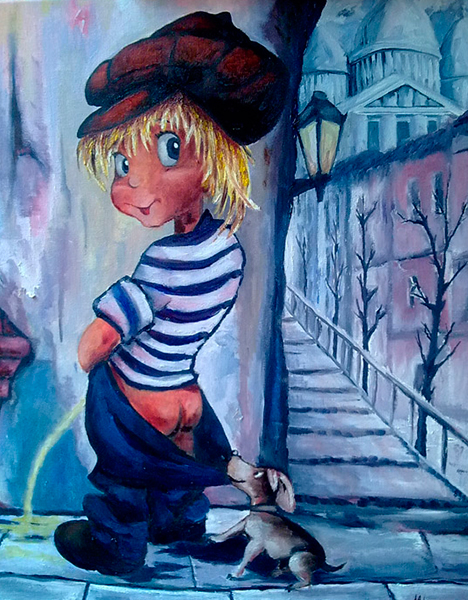Detalle 1 Ilustración de óleo sobre tela. Niño miccionando en un muro en una calle de París