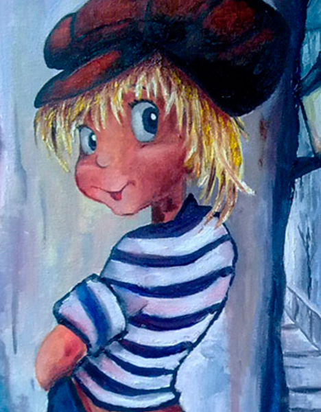 Detalle 2 Ilustración de óleo sobre tela. Niño miccionando en un muro en una calle de París