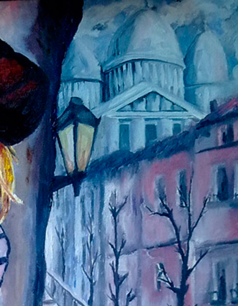 Detalle 3 Ilustración de óleo sobre tela. Niño miccionando en un muro en una calle de París