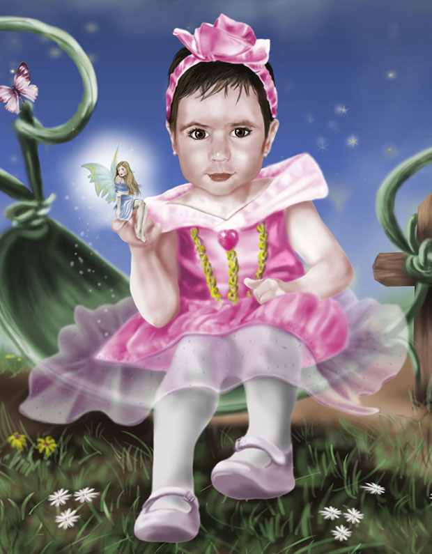 Detalle 1 Dibujo a lápiz de una niña y coloreado digitalmente. sentada en un reino de Hadas y fantasía.