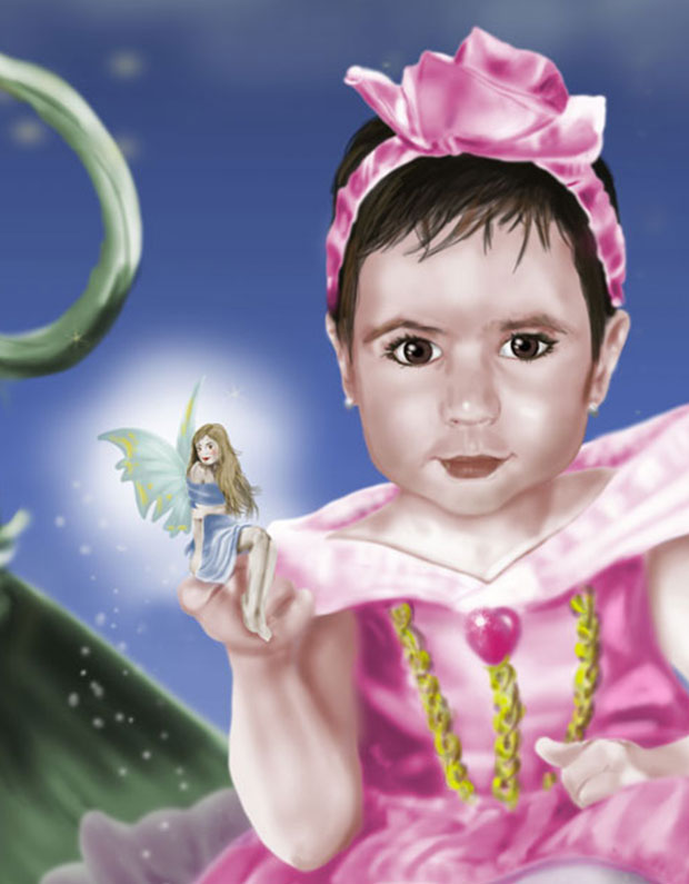 Detalle 2 Dibujo a lápiz de una niña y coloreado digitalmente. sentada en un reino de Hadas y fantasía.
