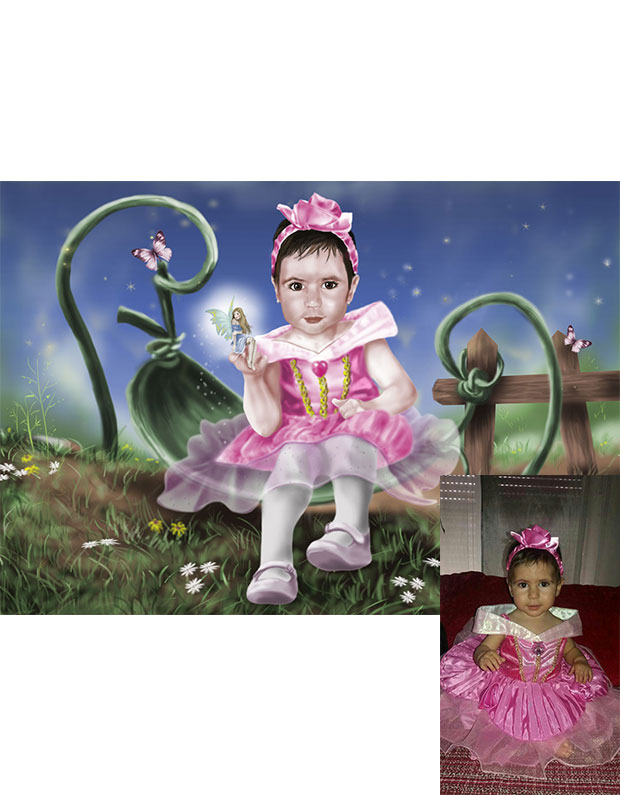 Detalle 4 Dibujo a lápiz de una niña y coloreado digitalmente. sentada en un reino de Hadas y fantasía.