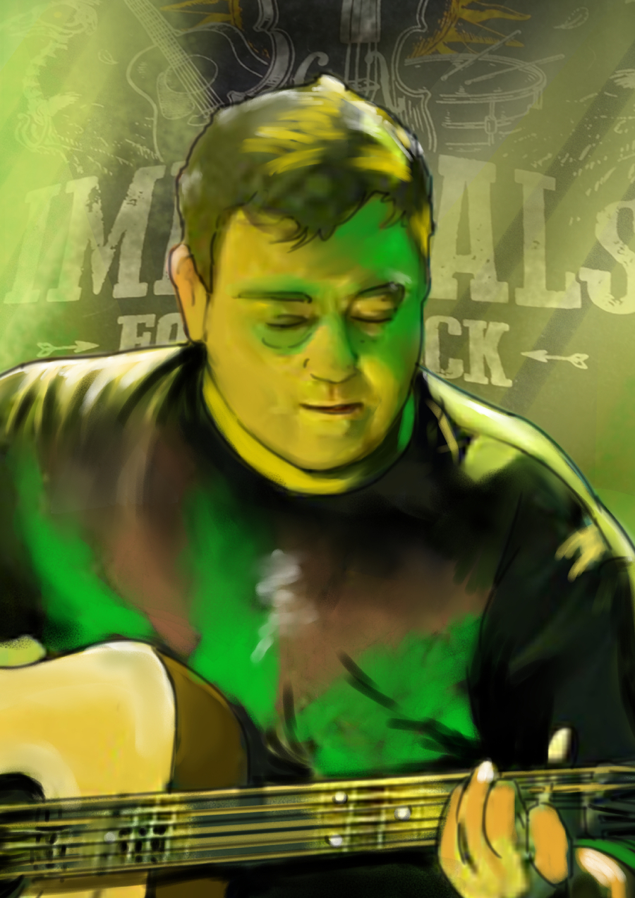 Detalle 2 Dibujo de un joven tocando la guitarra en un concierto de folk