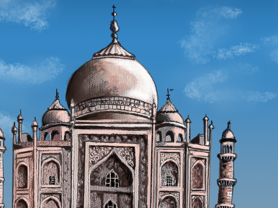 Detalle 3 COLECCIÓN ZIUR: Cuadro al óleo del Taj Mahal. Considerado el más bello ejemplo de tumba, estilo que combina elementos de las arquitecturas islámica,​ persa,​ india e incluso turca.
