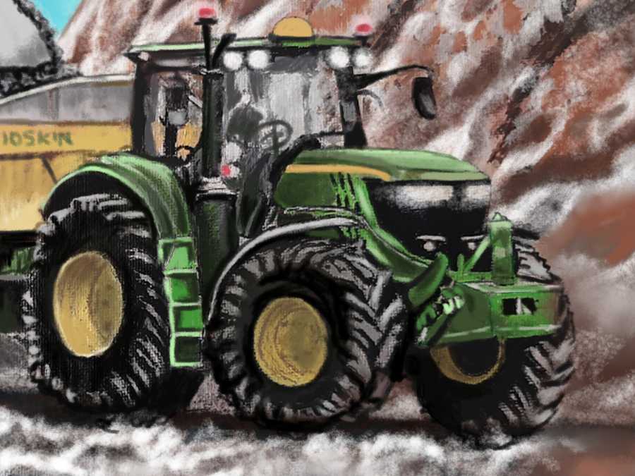 Detalle 2 Colección ZIUR: Acción de una excavadora cargando un remolque tirado por un tractor. Cuadro sobre óleo