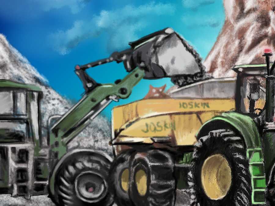 Detalle 3 Colección ZIUR: Acción de una excavadora cargando un remolque tirado por un tractor. Cuadro sobre óleo